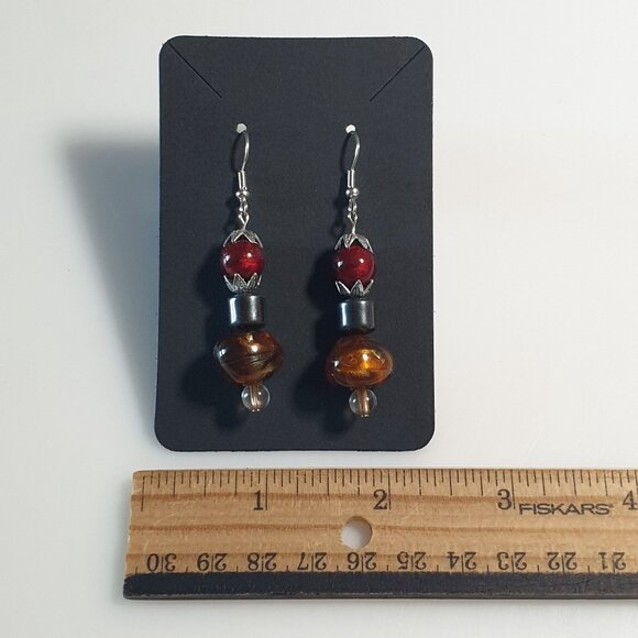 Glass Beaded Drop Earrings Handmade Red Gold Tone Accents Hook Hematite Gift Mom - Picture 3 of 4